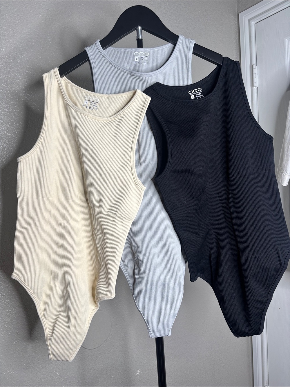 Ribbed Scoop Neck Bodysuit - Black, Cream, Light Blue